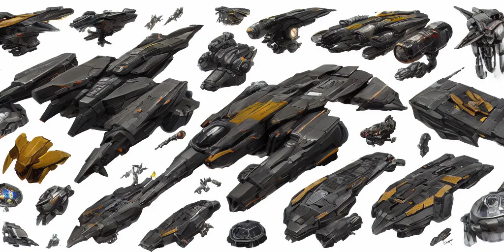 Image similar to Futuristic sci-fi props and gadget, hard surface, collection ,kitbash, parts, Shape and form, in watercolor gouache detailed paintings , hull, elite dangerous, star citizen , modular, pieces , golden ratio, mobius