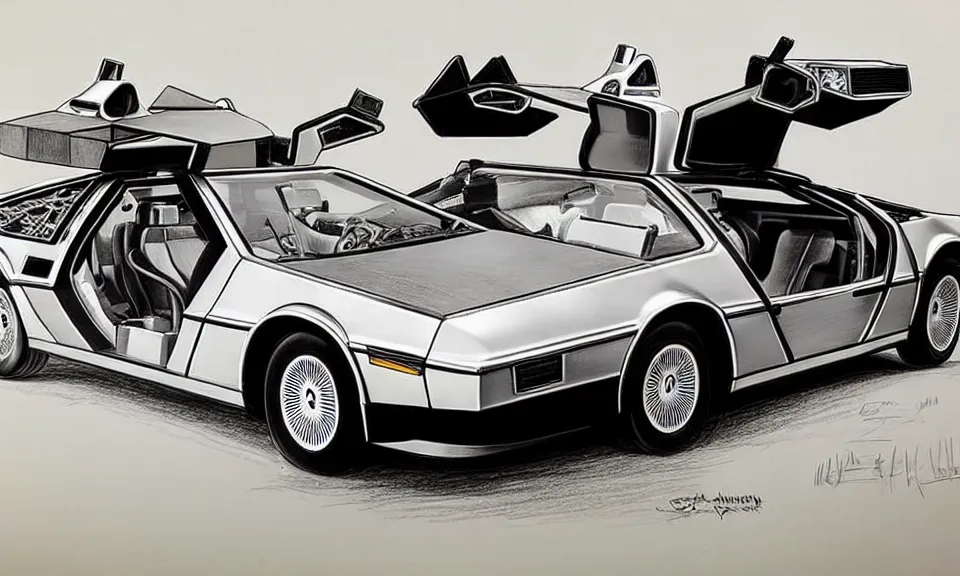 Prompt: a highly detailed drawing of the delorean from back to the future, technical drawing, black and white