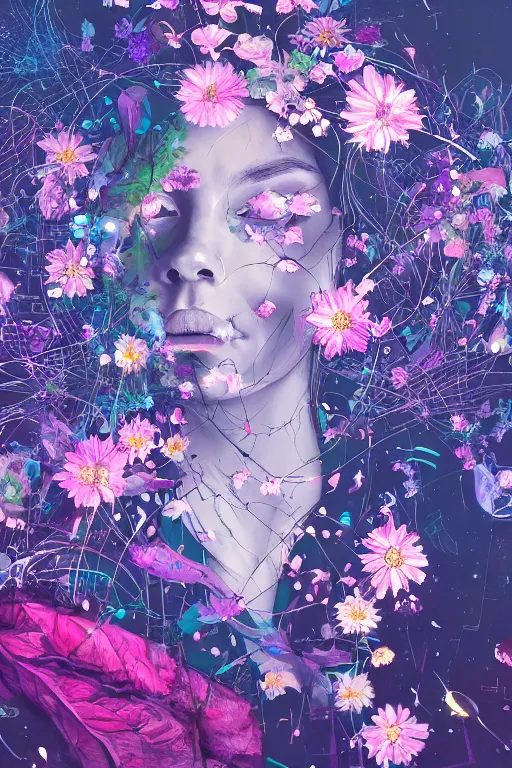 Image similar to night sky full of flowers, cyberpunk art, floating detailes, leaves b, kenneth blom, mental alchemy, pablo amaringo, naudline pierre, contemporary art, hyper detailed, photorealistic,