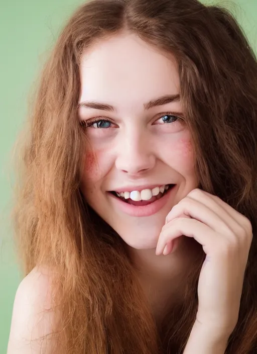 Image similar to portrait of a cute beautiful 2 0 year old woman with long brown hair, light green eyes, slight freckles, thin lips and cute smile