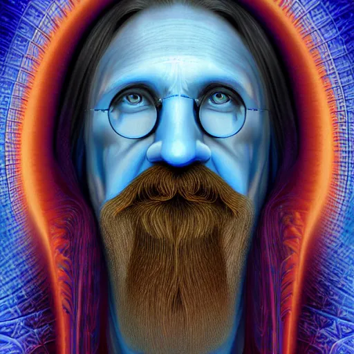 Image similar to wizard in blue robes, long white beard, by alex grey, TOOL band art, psychedelic, render, fractals, detailed, 8K