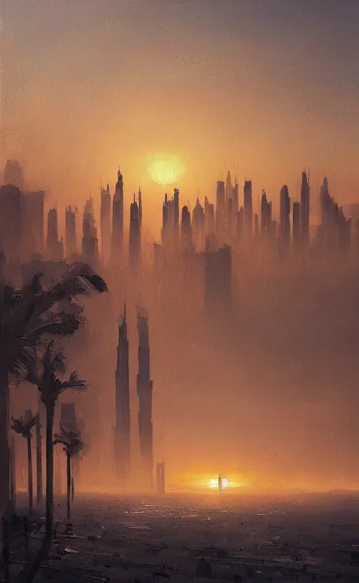 Prompt: oil painting of dubai skyline at sunset, natural light, concept art, by greg rutkowski, cozy atmospheric and cinematic lighting