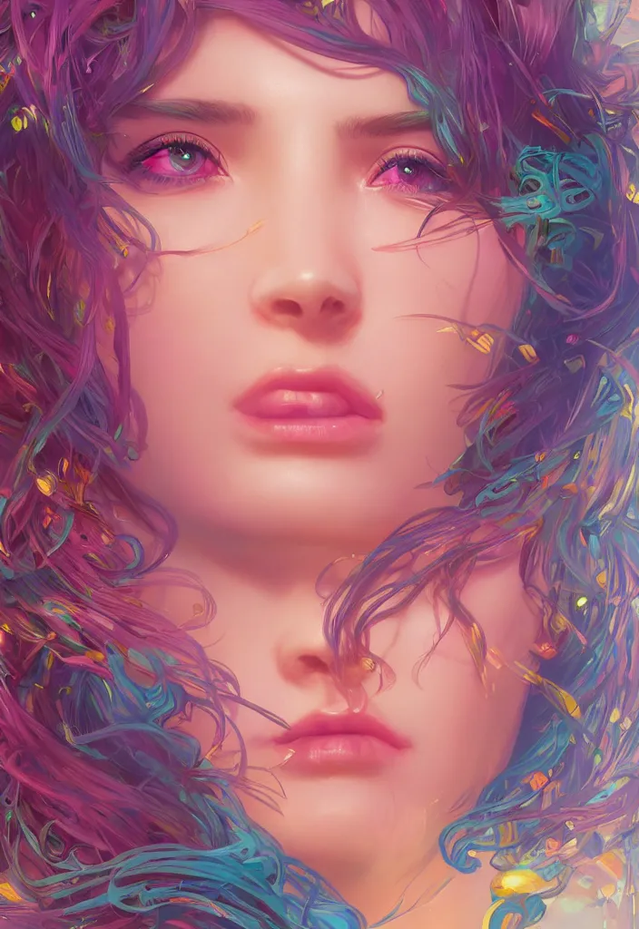 Image similar to beautiful, young woman, detailed gorgeous face, vaporwave aesthetic, synthwave, colorful, psychedelic, artstation, concept art, smooth, extremely sharp detail, finely tuned detail, ultra high definition, 8 k, unreal engine 5, ultra sharp focus, illustration, art by artgerm, greg rutkowski and alphonse mucha