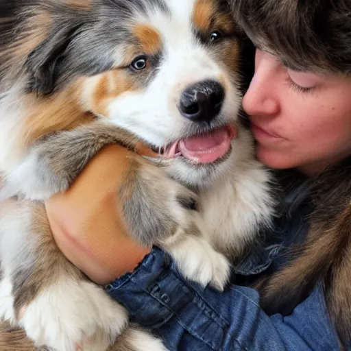 Prompt: australian shepherd cuddling with a maine coon