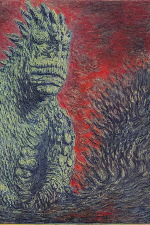 Image similar to shinzo abe head on Godzilla painting by claude monet