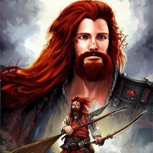 Prompt: an epic fantasy comic book style portrait painting of a long haired, red headed male sky - pirate in front of an airship in the style of bayard wu