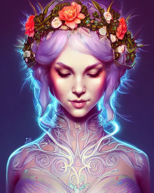 Image similar to digital art, centered full body elven bride with short hair, vivid flower crown ,intricate, veins, by James Jean and by artgerm, by ross tran , ultradetailed, charachter design, concept art, trending on artstation,