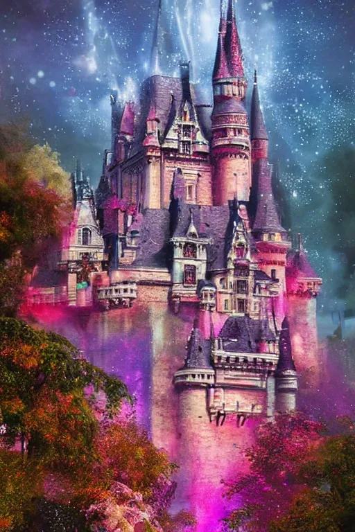 Prompt: Beautiful castle, in front of the castle is rose, high saturation, glass texture-like brilliance, fine glitter, cinematic light effects, by Wlop