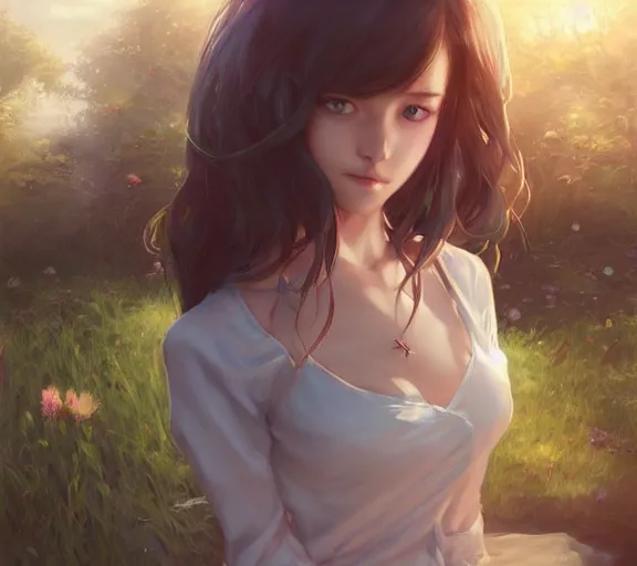 Prompt: a beautiful girl by the cottage in the country, by Artgerm Lau and Krenz Cushart，hyperdetailed, trending on artstation, trending on deviantart
