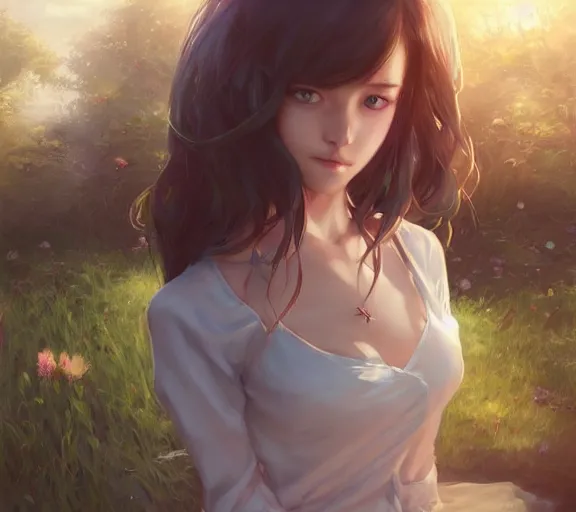 Image similar to a beautiful girl by the cottage in the country, by Artgerm Lau and Krenz Cushart，hyperdetailed, trending on artstation, trending on deviantart