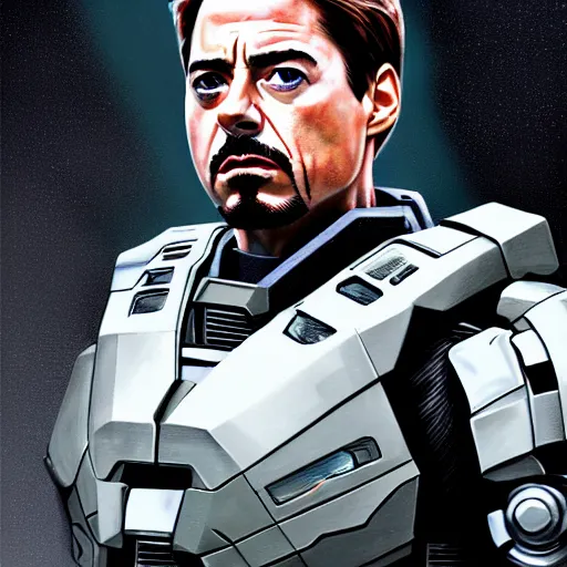 Image similar to A combination of Robert Downey Jr's and Tony Stark's and Tom Cruise's appearances with blonde hair wearing Master Chief's armor from Halo, high tech, action shot, angular, full body portrait, futuristic, dramatic, fantasy, intricate, elegant, highly detailed, digital painting, artstation, concept art, matte, sharp focus, illustration, 8K, art by Donato Giancola and James Gurney