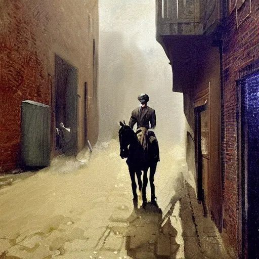 Prompt: painting of a man on a horse in an alleyway, Peaky Blinders (2018), painted by George Bellows