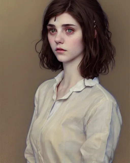 Prompt: portrait of a welsh teenage girl with brown hair, glowing skin, delicate features, quiet beauty, amelie poulain, fantasy, intricate, elegant, dress shirt, highly detailed, digital painting, artstation, concept art, smooth, sharp focus, illustration, art by Krenz Cushart and Artem Demura and alphonse mucha