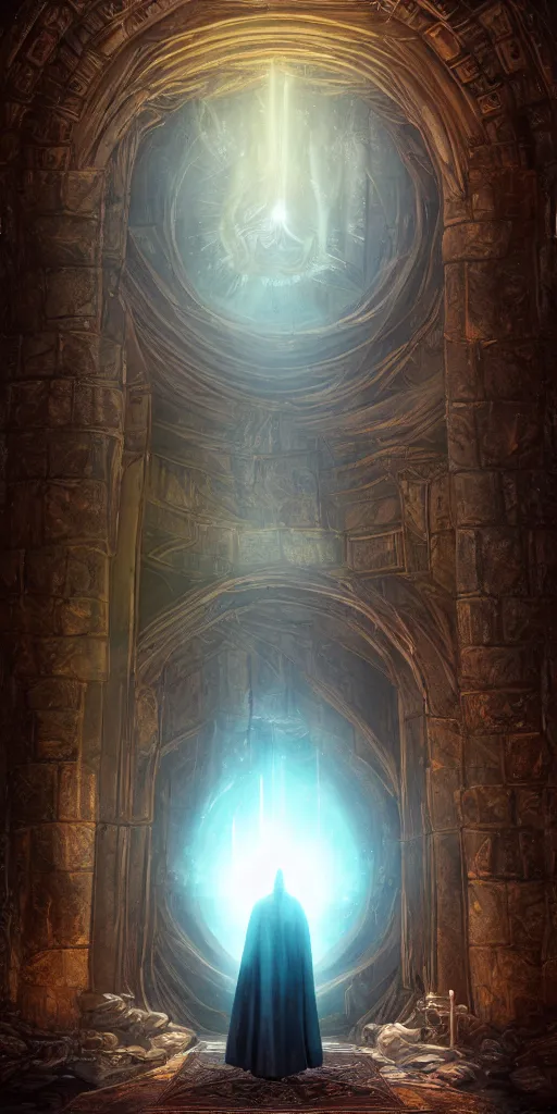 Image similar to a wizard in a cloak standing in front of a portal to wisdom, tall door, high ceiling, magic light, light beam, cinematic atmosphere, high definition, ultra detailed