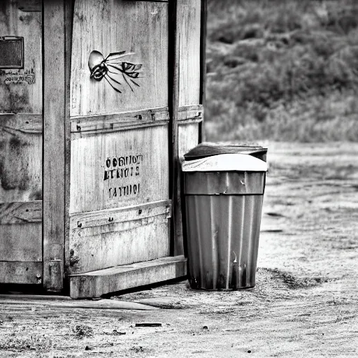 Prompt: a trash can in the Wild West, photography, sepia tone,