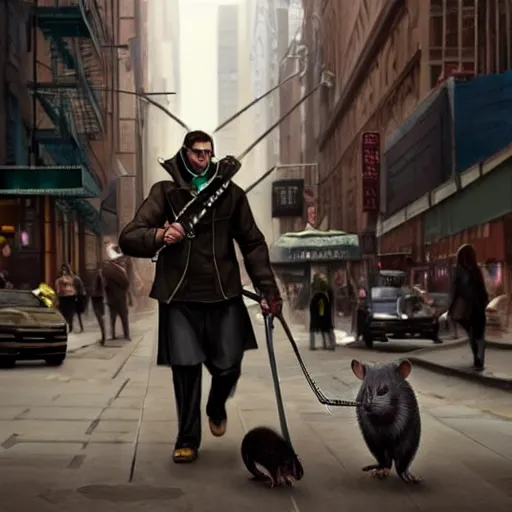 Image similar to Stunning Hyperealistic portrait of Giant Dishonored enormous furry rats walking humans on a leash in the city of New York.