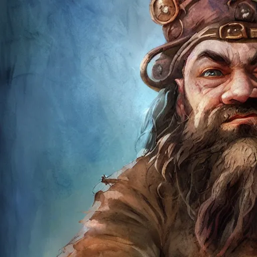 Prompt: dwarf shaman man, in love, happy, wearing blue and brown medieval robe, WLOP, artgerm, Jason Chan, Charlie Bowater, Sergey Kolesov, medieval, fantasy d&d, watercolor on paper, hyper detail portrait, closeup on face, dark pastel castle background