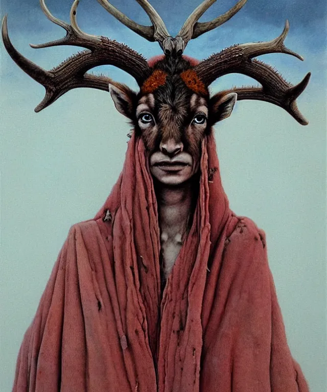 Prompt: a detailed smiling horned antelopewoman stands among the mountains. wearing a ripped mantle, robe. perfect faces, extremely high details, realistic, fantasy art, solo, masterpiece, soft cimematic colors and lighting, art by hermann nitsch, zdzislaw beksinski, dariusz zawadzki, giger, dragan bibin