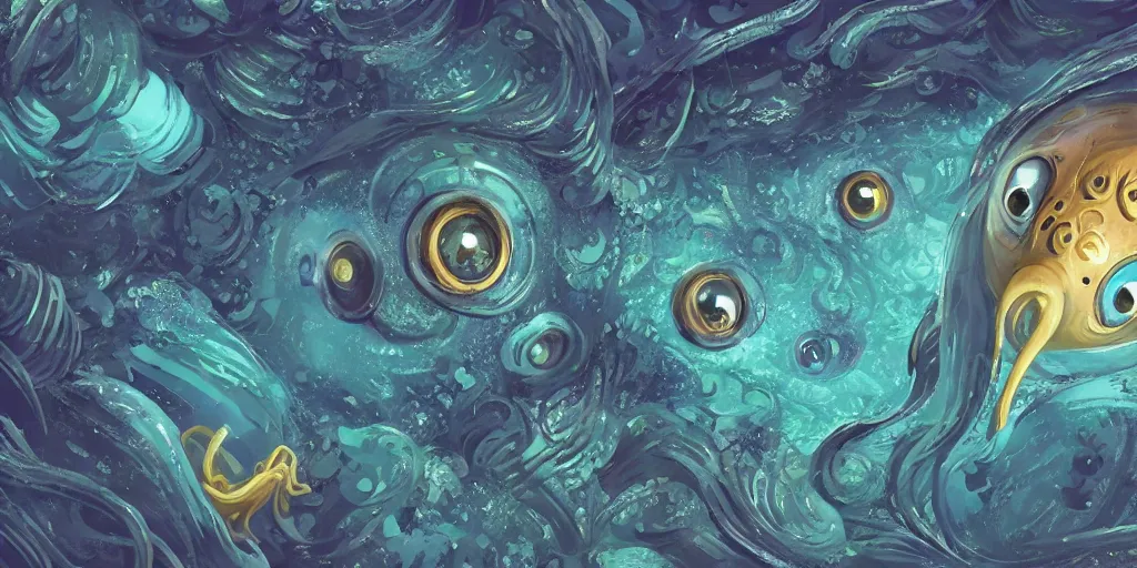 Image similar to of an intricate deep sea with strange cute friendly happy creatures with huge eyes, long tongue, round teeth and goofy funny face, appearing from the background, in the style of gehry and gaudi, macro lens, shallow depth of field, ultra detailed, digital painting, trending artstation, concept art, illustration, cinematic lighting, photorealism, epic, octane render