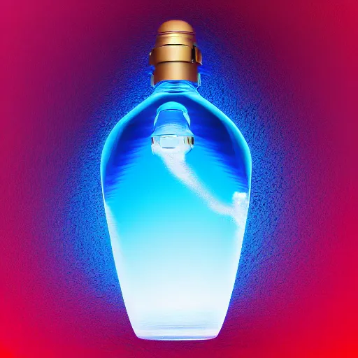 Prompt: water artwork in the shape of a human head stuffed in a bottle, on the ocean water, futuristic, glowing, gradient, hyper realistic, ray tracing, realistic water, sharp focus, long shot, 8 k resolution, cinematic, photoshop water art