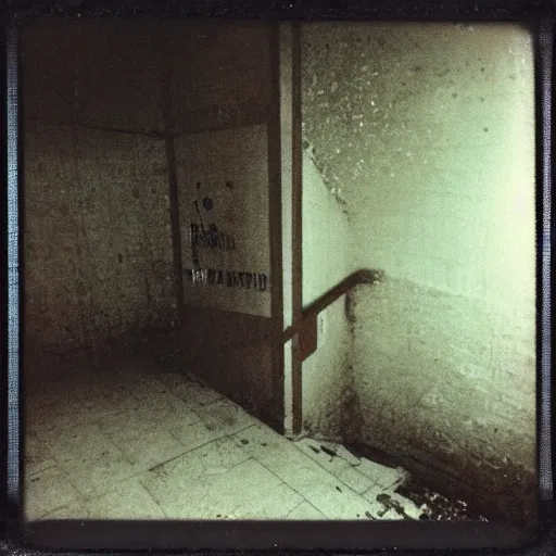 Image similar to a replicant at the top of a dark stairwell, abandoned, creepy, eerie, scary, old polaroid, expired film, out or focus,