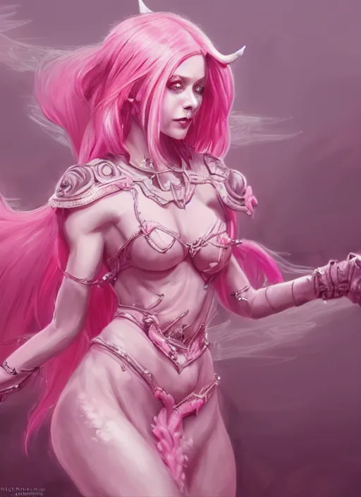 Prompt: a highly detailed illustration of pink haired pale demon girl wearing pink dress wielding claws, dramatic claw pose, intricate, elegant, highly detailed, centered, digital painting, artstation, concept art, smooth, sharp focus, league of legends concept art, wlop.