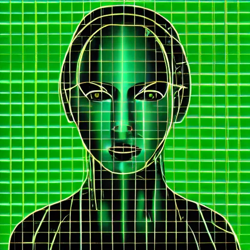 Image similar to computer generated woman made of green vector lines, headshot, dead stare, mouth closed, sci fi, scan lines, crt,