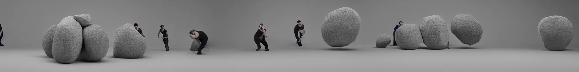 Image similar to line-up of many sisyphus pushing huge boulders through an empty space, white background, performance photography