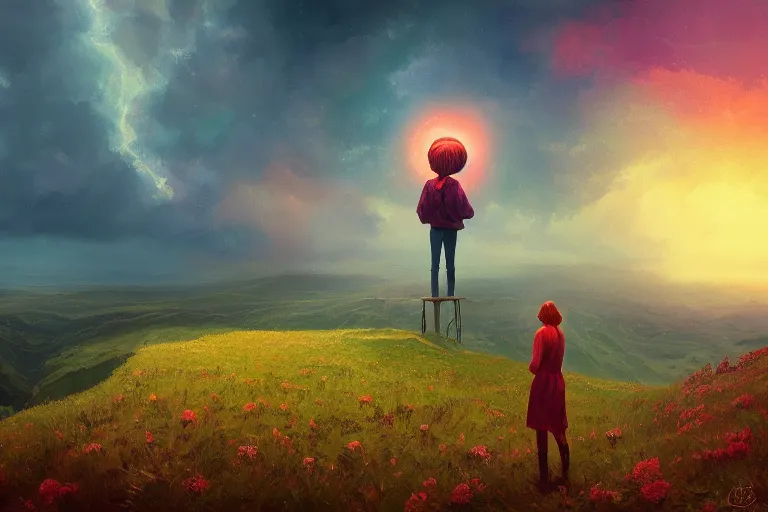 Image similar to giant flower over head, girl standing on cliff, surreal photography, sunset, stars, dramatic light, impressionist painting, storm clouds, digital painting, artstation, simon stalenhag