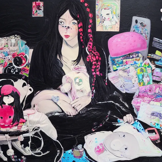 Prompt: a portrait in a female artist's zen bedroom, black walls, emo girl with plushies, sheet music, berries, surgical supplies, pancakes, black flowers, sensual, octopus, neo - expressionism, surrealism, acrylic and spray paint and oilstick on canvas