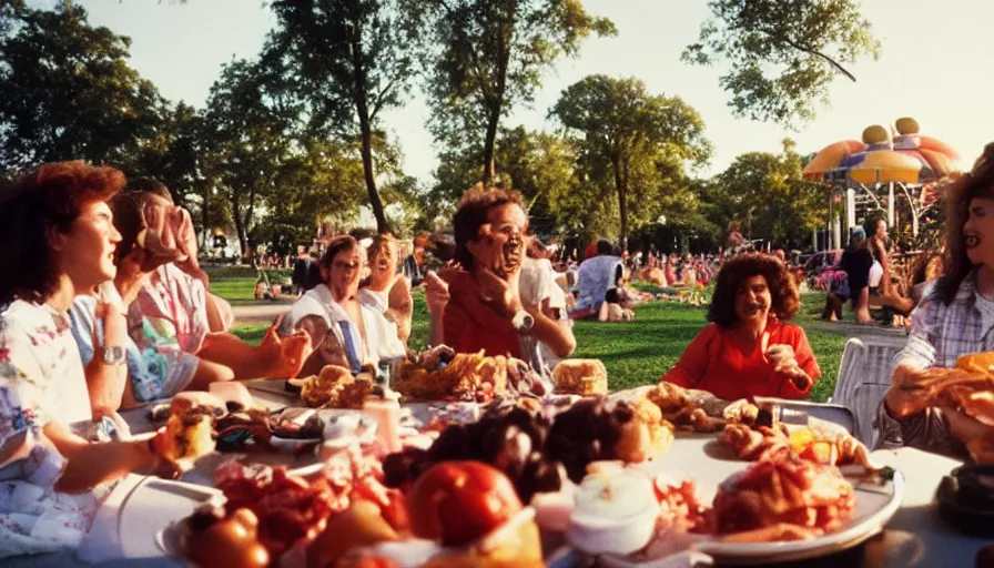 Prompt: 1990s candid photo of a beautiful day at the park, cinematic lighting, cinematic look, golden hour, costumed packaged food mascot people in the background, Enormous personified packaged food people with happy faces and hands talking to families, UHD