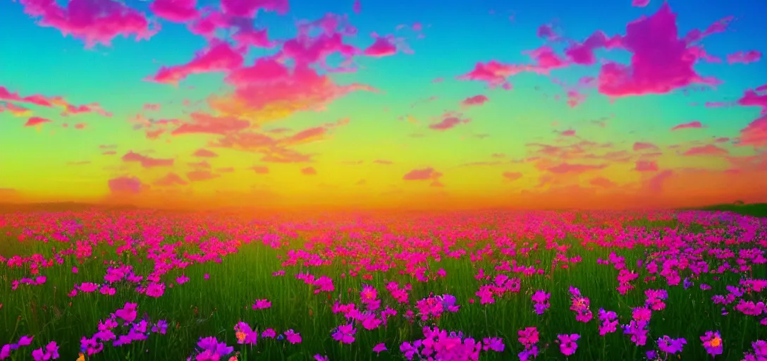 Image similar to an impossible field of beautiful neon colored flowers with a beautiful sunset, vaporwave