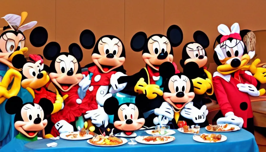 Prompt: disney characters at the last supper, mickey and minnie mouse, donald duck, goofy, pluto