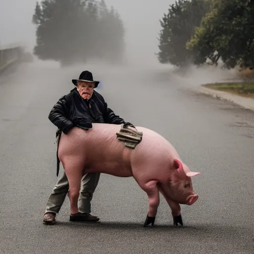 Image similar to portrait of an elderly man riding a pig, canon eos r 3, f / 1. 4, iso 2 0 0, 1 / 1 6 0 s, 8 k, raw, unedited, symmetrical balance, wide angle