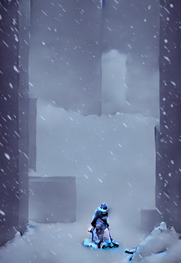 Prompt: by moebius and atey ghailan | a person barely visible shoveling snow in a blizzard |