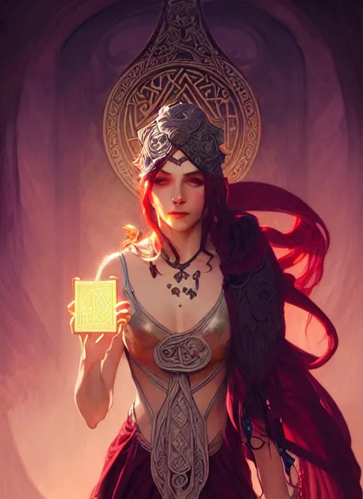 Prompt: a beautiful tiefling sorcerer with runic magic theme, intricate, sharp focus, illustration, highly detailed, digital painting, concept art, matte, art by WLOP and Artgerm and Greg Rutkowski and Alphonse Mucha, masterpiece