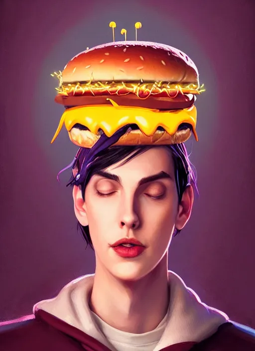 Image similar to portrait of jughead jones, eating a hamburger, wearing a crown, eyes closed, intricate, elegant, glowing lights, highly detailed, digital painting, artstation, concept art, smooth, sharp focus, illustration, art by wlop, mars ravelo and greg rutkowski