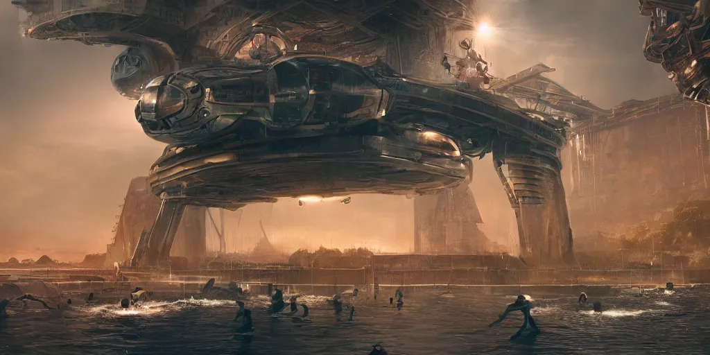 Image similar to alien spacecraft hovering over beautiful pool waterfalls surrounded by alien robots, steel archways, industrial buildings, rusty metal towers, sun setting, ross tran, fantasy, james jean, cinematic lighting, digital painting, octane render