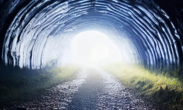 Image similar to beautiful photograph of a vertical tunnel made of raindrops in the blue sky, between a dried up river and the sun, highly-detailed, fantastic, dramatic lighting, artstation, 4k