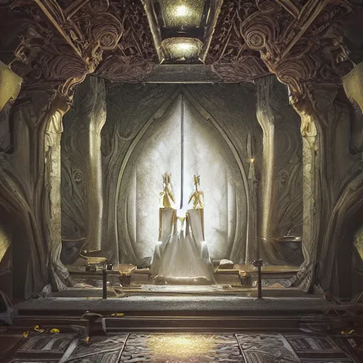 Prompt: the throne room of an elven castle, very sofisticated, marble and gold, by peter mohrbacher and dan mumford and nekro, cgsociety, volumetric light, 3 d render
