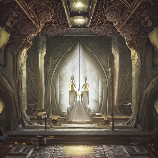 Image similar to the throne room of an elven castle, very sofisticated, marble and gold, by peter mohrbacher and dan mumford and nekro, cgsociety, volumetric light, 3 d render