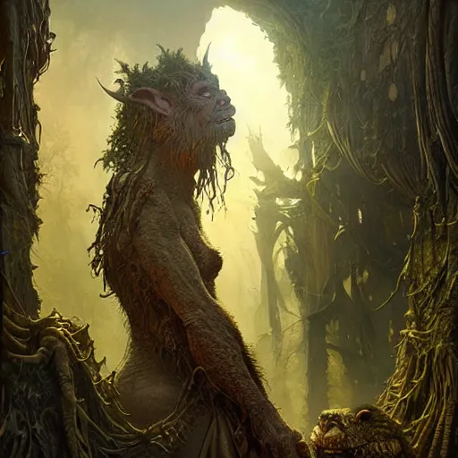 Image similar to a hyperrealistic illustration of a mix of an oger and giant and goblin, 8 k ultra realistic creature, detailed intricate, with fractal sunlight, award - winning, masterpiece, in the style of tom bagshaw, cedric peyravernay, peter mohrbacher