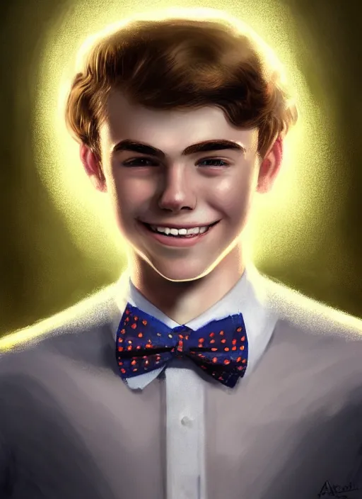 Image similar to portrait of teenage archie andrews, freckles, curly middle part haircut, curly hair, middle part hairstyle, smiling kindly, wearing a bowtie and sweater vest, intricate, elegant, glowing lights, highly detailed, digital painting, artstation, concept art, smooth, sharp focus, illustration, art by wlop, mars ravelo and greg rutkowski