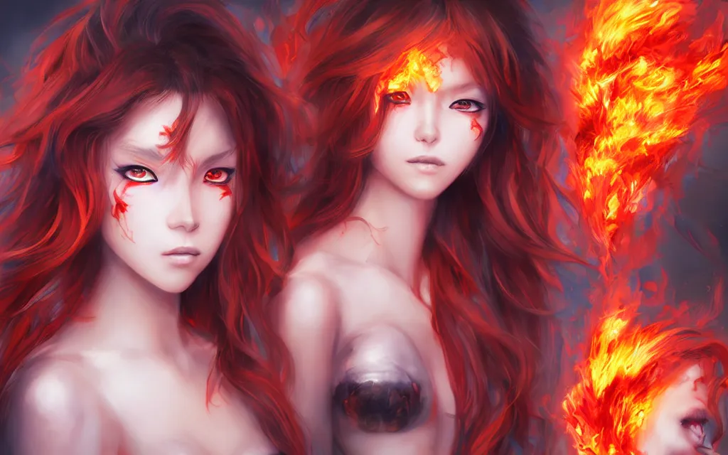 Image similar to A realistic anime portrait of a beautiful fire spirit twins with glowing red eyes and firey skin wearing clothes made of flames, digital painting, by Stanley Artgerm Lau, Sakimichan, WLOP and Rossdraws, digtial painting, trending on ArtStation, SFW version