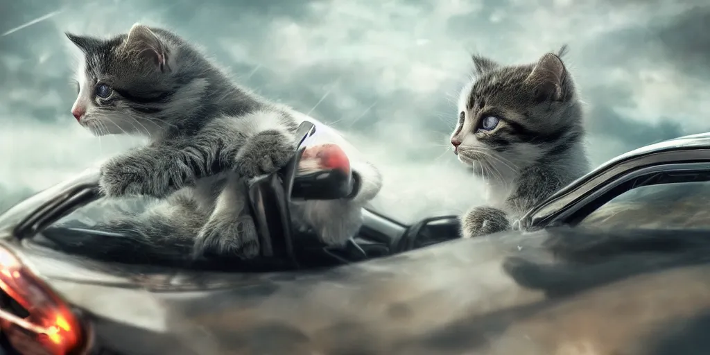 Image similar to a highly artistic portrayal of a kitten driving a car, realistic 4 k octane beautifully detailed render, 4 k post - processing, highly detailed, intricate complexity, epic composition, magical atmosphere, cinematic lighting, masterpiece, ultra hd