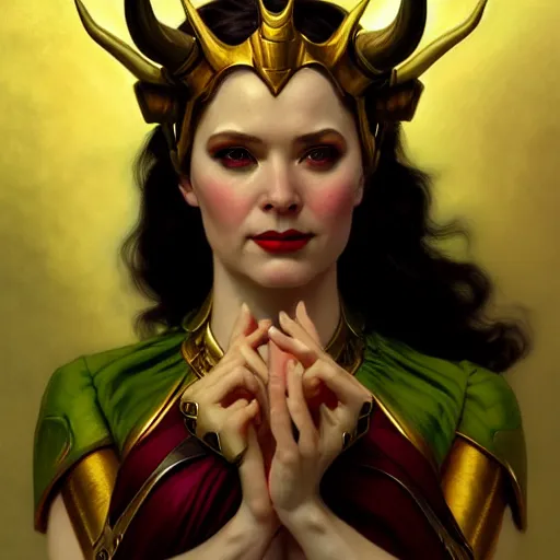 Prompt: of a female Loki with golden horned helmet, dark fantasy, medium shot, intricate, ornate, elegant, highly detailed, digital painting, volumetric light, artstation, concept art, smooth, sharp focus, illustration, art by Gil Elvgren and Greg Rutkowski and Alphonse Mucha