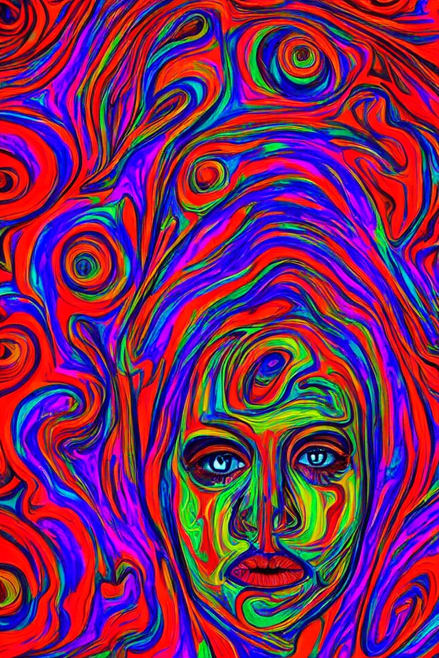 Image similar to hollow face portrait, stunning psychedelic background