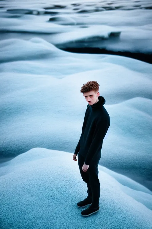 Image similar to high quality pastel coloured film mid angle selfie photograph of a beautiful young 2 0 year old male, soft features, standing in an icelandic black rock environment. atmospheric. three point light. photographic. art directed. ( pastel colours ). volumetric light. stark. waves glitch. 8 k. filmic.