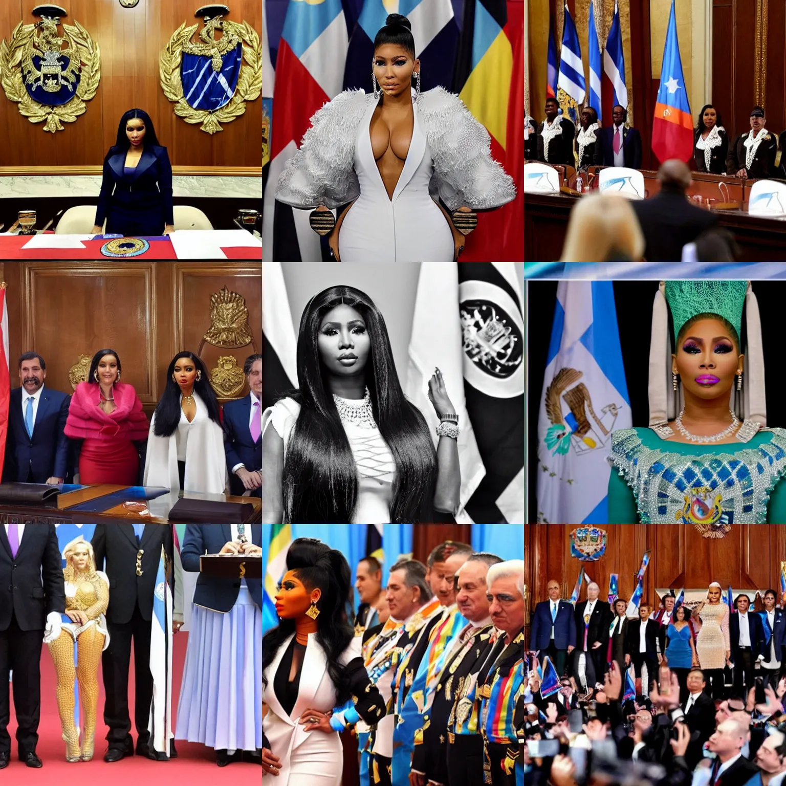 Prompt: Nicki Minaj as the president of Argentina, in the Argentine Congress, wearing the Banda Presidencial, flags of Argentina behind, detailed picture