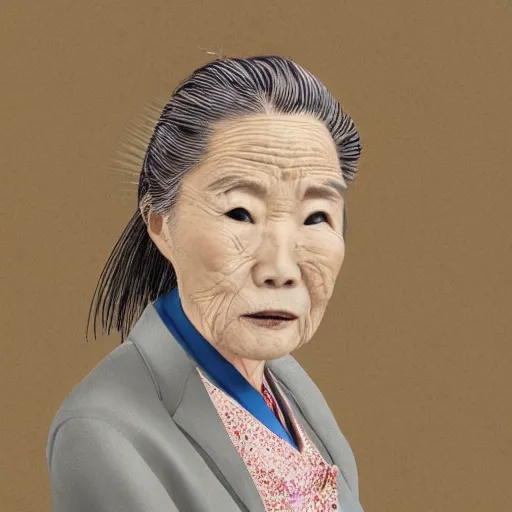 Image similar to portrait of an elderly Japanese woman dressed on a suit and tie, her hair in a tight bun, a serious expression on her face, digital art, elegant pose, detailed illustration